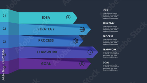 Arrows dark infographic with 5 elements template for web on a black background, business, presentation. Vector