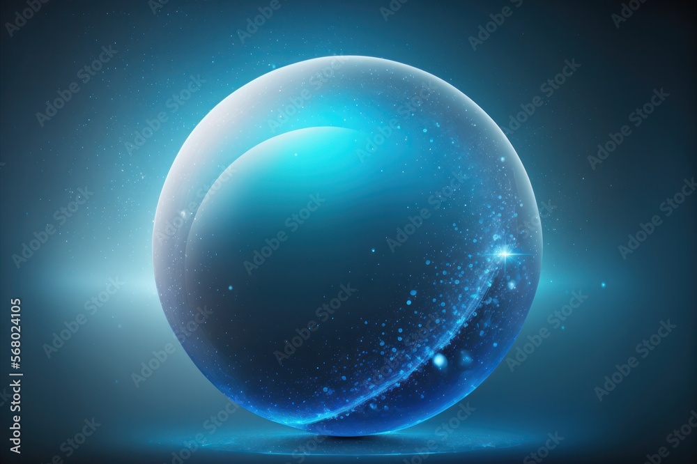 Obraz premium A glowing/shiny crystal ball filled with a universe, sitting in an empty space, medium blue gradient background, vignette, created with generative AI technology