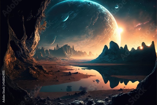 Alien Planet sci-fi outer space encounter wallpaper generative ai Illustration with copy space 