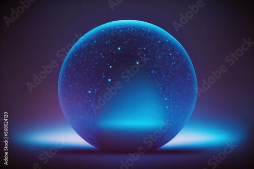 A glowing shiny crystal ball with a subtle texture made from lines and dots  sitting in an empty space  dark blue purple gradient background  created with generative AI technology