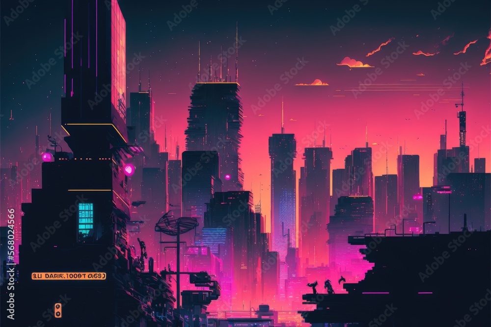 cyberpunk neon mega city skyline generative ai illustration Stock ...