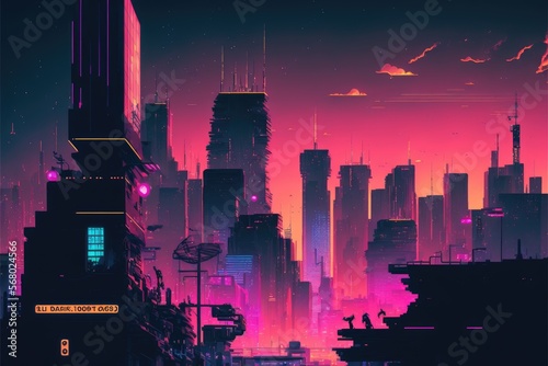 cyberpunk neon mega city skyline generative ai illustration