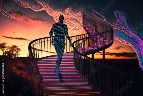Guy climbing the stairs generative ai Athletic young man runs up the stairs illustration 