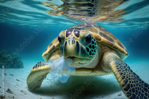 Environmental Water Pollution Issue Sea turtle eating plastic underwater. Generative AI