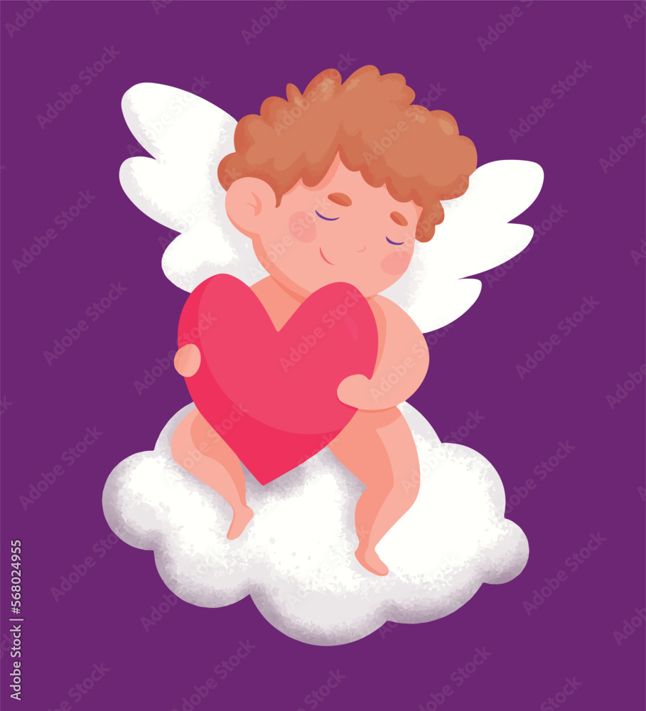 Little cute cupid boy character sitting on a cloud with a red heart in hands valentines day vector illustration clipart Little cute cupid boy character sitting on a cloud with a red heart in hands valentines day vector illustration clipart