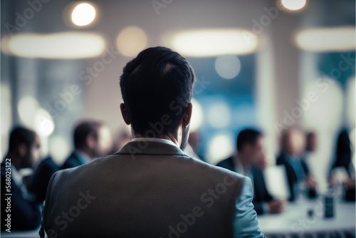 man back neck in a conference meeting with unrecognizable people generative ai business and political scene with copy space