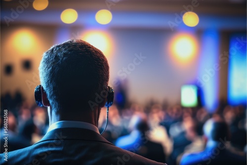 man back neck in a conference meeting with unrecognizable people generative ai business and political scene with copy space