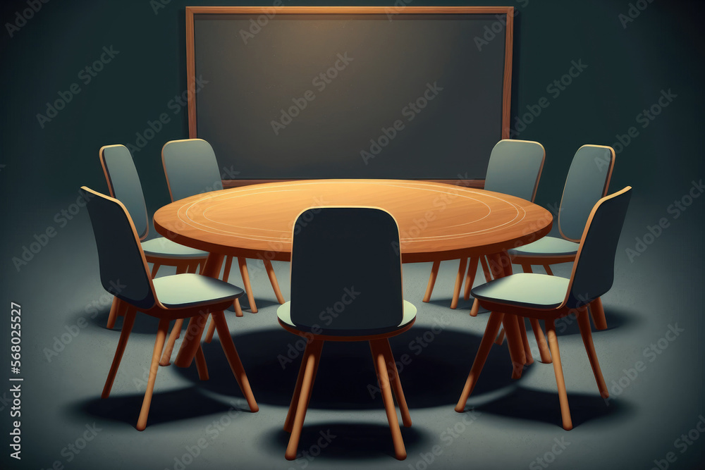 Obraz premium Round wooden table with chairs with blank big blackboard in conference room. Generative AI