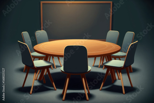 Round wooden table with chairs with blank big blackboard in conference room. Generative AI