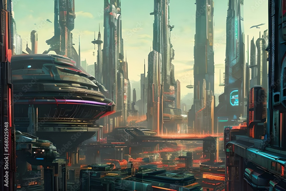 Cyberpunk city, Cyberpunk city in the night, Future city Stock