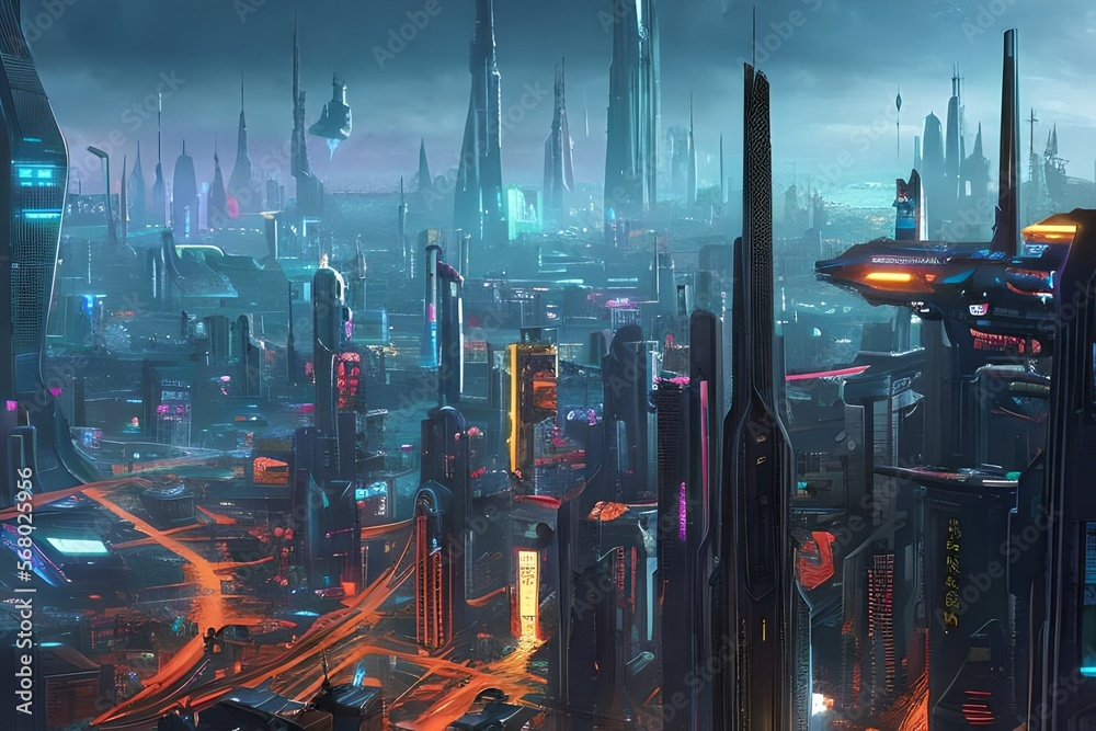 Cyberpunk city, Cyberpunk city in the night, Future city Stock