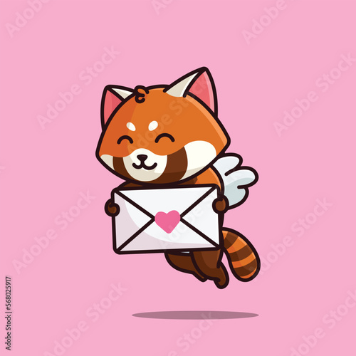 Cute cupid red panda holding love letter cartoon vector illustration animal love isolated