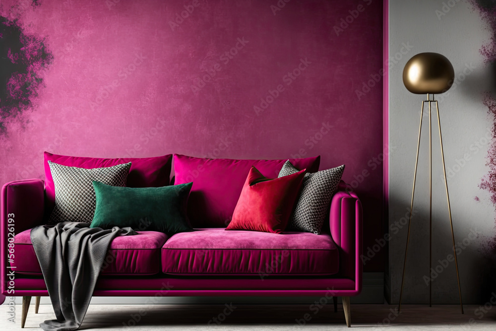 Living room in trend viva magenta color 2023 year. A bright sofa accent.  Plaster microcement wall background. Crimson, burgundy, tones of room  interior design. Beige taupe stucco texture. Generative Stock Illustration