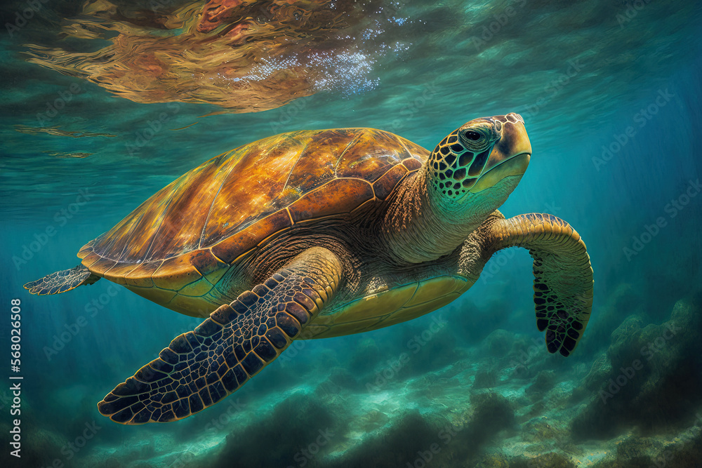 Fototapeta premium Hawaii's endangered Hawaiian Green Sea Turtle cruising in the warm Pacific Ocean. Generative AI