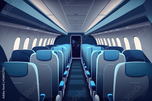 Empty interior of modern airplane Boeing 737 8 Max with blue seats and no passangers. Generative AI