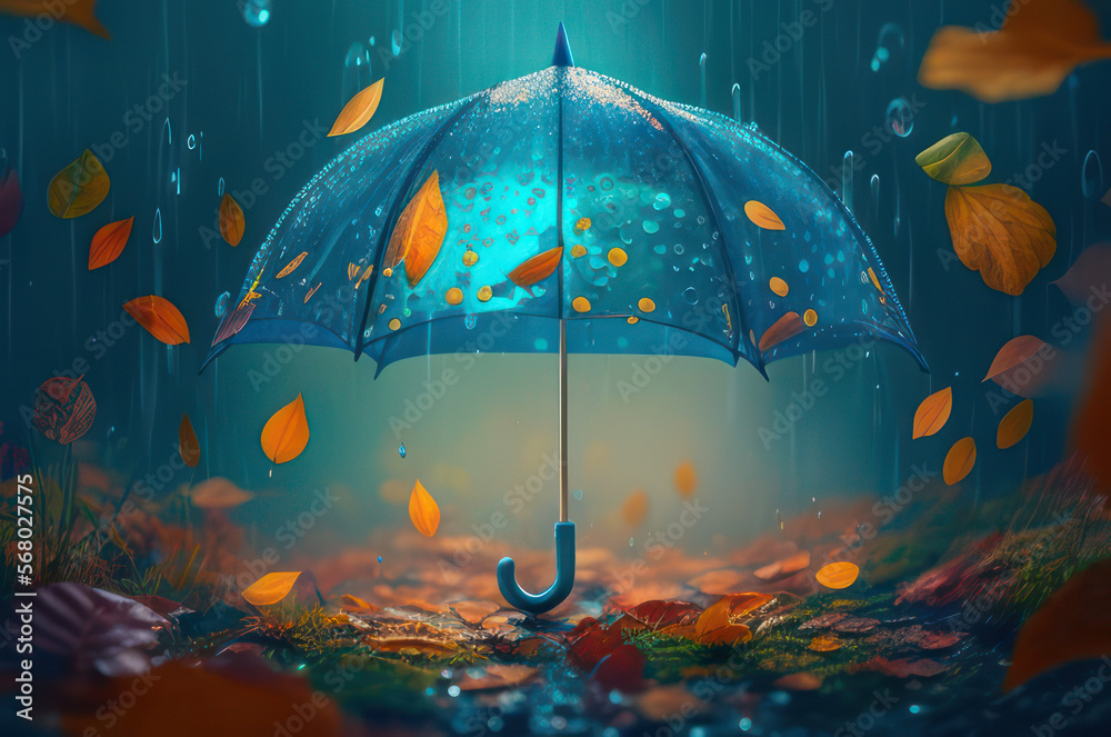 A Radiant Blue Umbrella in a Rainy Forest, Illustration. Generative AI.