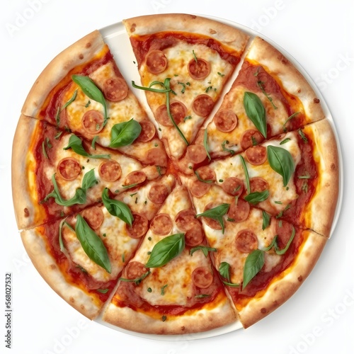 top view pizza with mushroom, tomatoes, and pepperoni isolated on white background. with focus stacking
