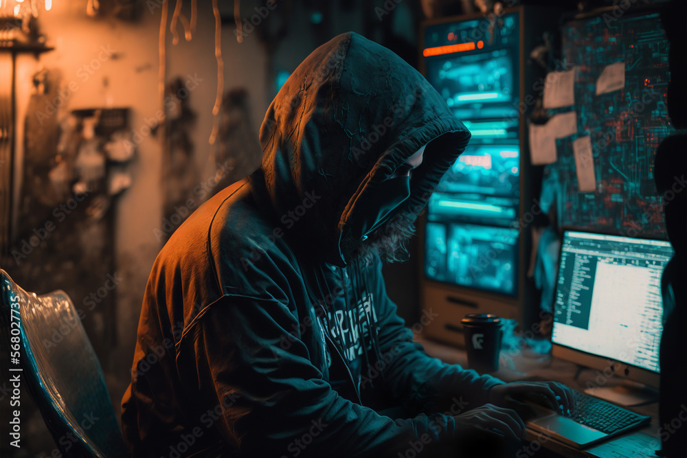 Cyber-security hacker with a hoodie hiding face -computer technology background wallpaper created with a Generative AI technology	