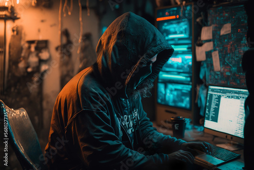 Cyber-security hacker with a hoodie hiding face -computer technology background wallpaper created with a Generative AI technology  © jim