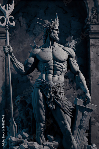 Sculpture of a Greek god holding a trident in a destroyed city.
