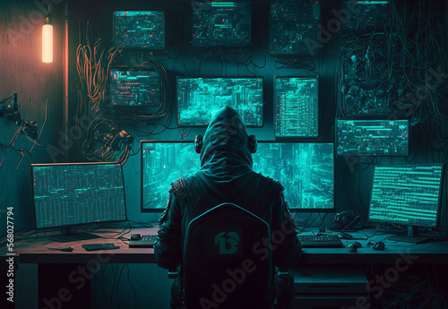 Cyber-security hacker with a hoodie hiding face -computer technology background wallpaper created with a Generative AI technology 
