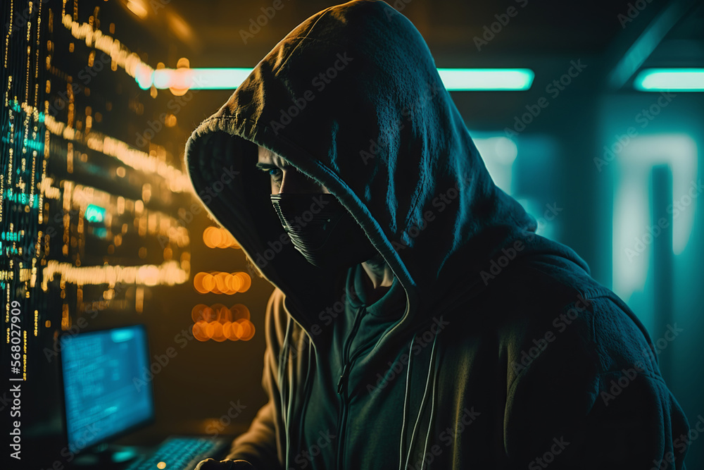 Cyber-security hacker with a hoodie hiding face -computer technology background wallpaper created with a Generative AI technology Cyber-security hacker with a hoodie hiding face -computer technology background wallpaper created with a Generative AI technology
