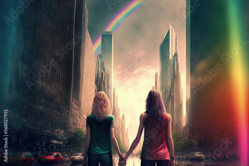 Gay couple holding hands in a big city with rainbow over the sky. LGBTQIA+, gender diversity. Generative AI. photo