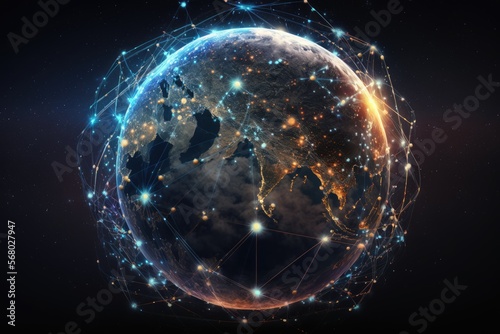 Generative AI illustration of network connection around planet Earth. View from space of global communication technology, internet connection, mobile, web, big data.