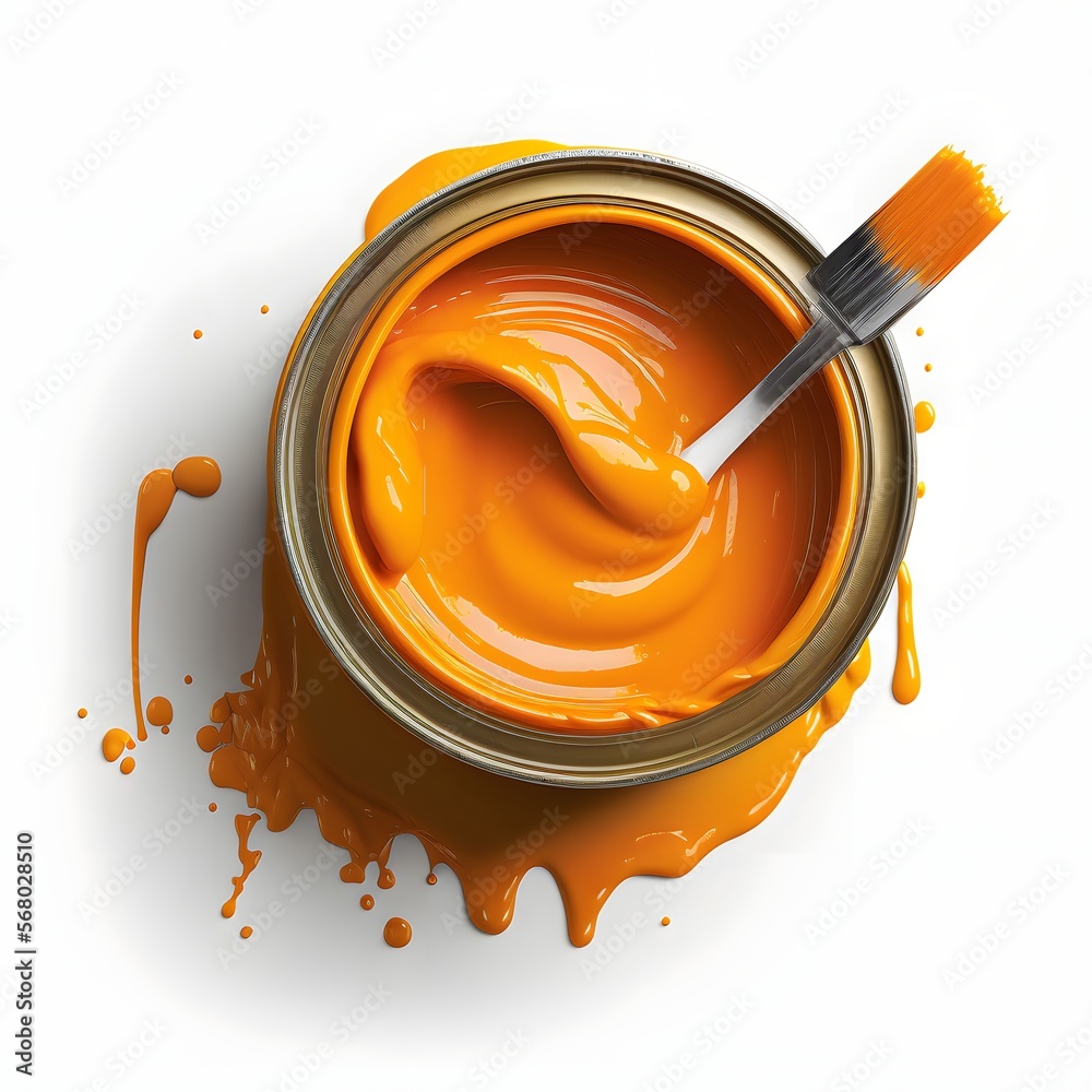 top view a can of classic orange paint with paint brush isolated on