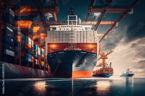 Generative AI illustration of container ship at terminal port. International shipping and global commerce concept. Modern cargo harbour and yard for maritime shipment and delivery, worldwide transport photo