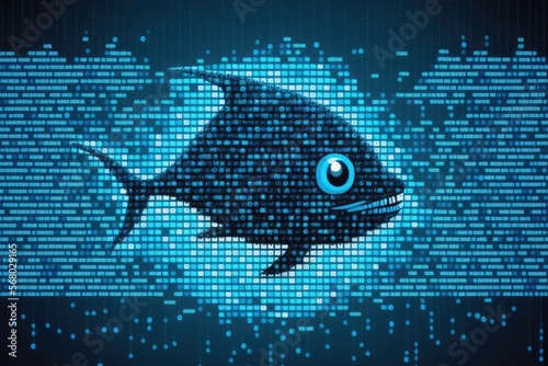 Phishing, hacking, virus and account theft dangers concept. Illustration with blue fish. Generative AI illustration.