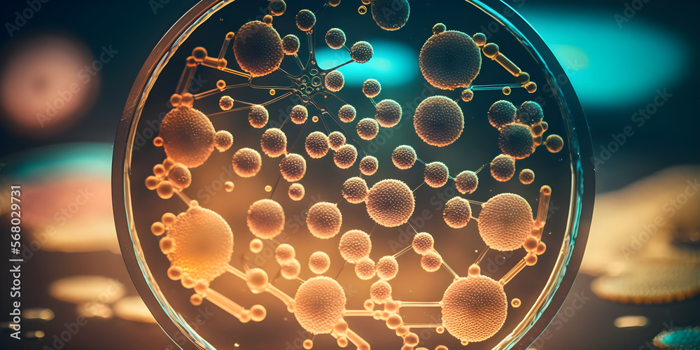 Macro shot of bacteria and virus cells in a scientific laboratory petri