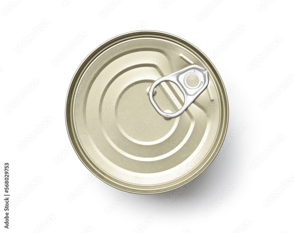Top view of new canned food container isolated on white background. Clipping path. Top view of new canned food container isolated on white background. Clipping path.