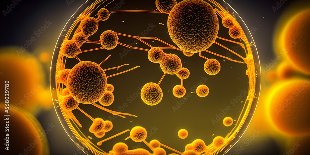 Macro shot of bacteria and virus cells in a scientific laboratory petri