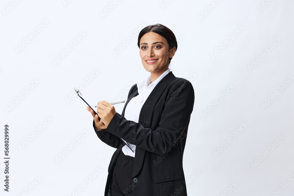 Business woman folder with documents in black business suit shows signals gestures and emotions on white background, freelancer job online time management Business woman folder with documents in black business suit shows signals gestures and emotions on white background, freelancer job online time management