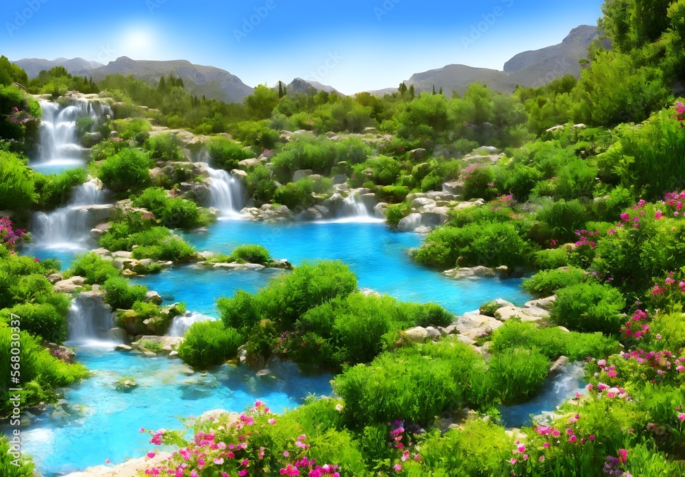 Naklejka premium Sunny day in a waterfall landscape.