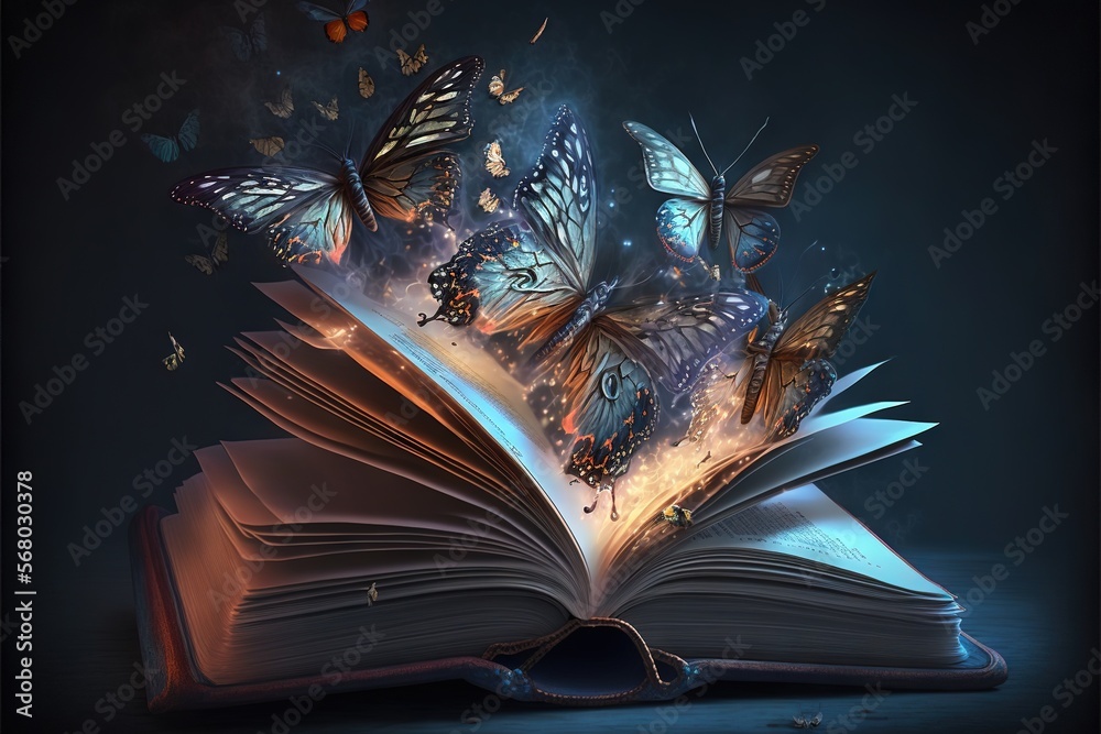 an open book with butterflies flying out of it on top of a dark surface ...
