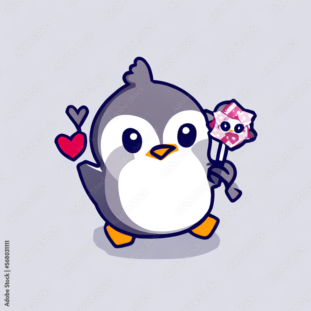 cute penguin holding flower and heart - illustration
