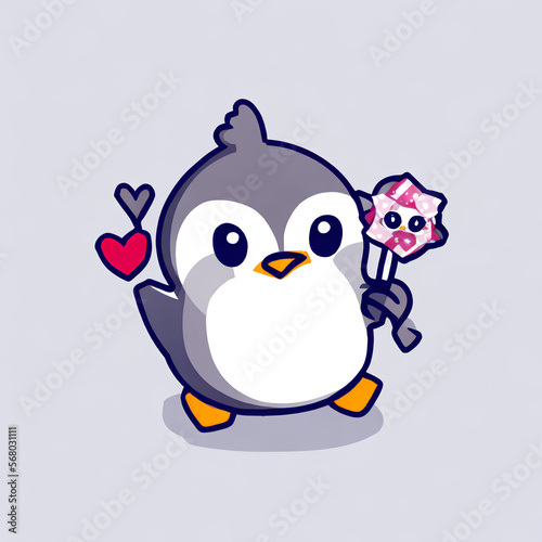 cute penguin holding flower and heart - illustration
