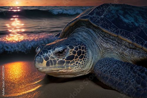 A close up of a leatherback turtle laying her eggs during the nesting season in Trinidad and Tobago morning shooting at Grande Riviere. Beautiful sunrise as sea turtle makes its way back to the water