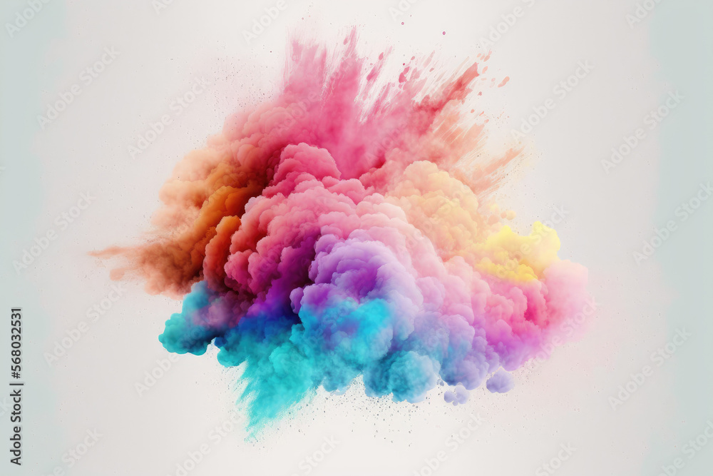 Fototapeta premium Background with a powdery abstract pattern. on a white background, a colorful powder eruption. colorful cloud Exploding colored dust. Holi canvases. Generative AI