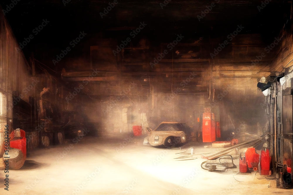 Nostalgic car workshop bathed in nebulous light with a car, petrol pumps and workshop accessories, made with generative AI Nostalgic car workshop bathed in nebulous light with a car, petrol pumps and workshop accessories, made with generative AI