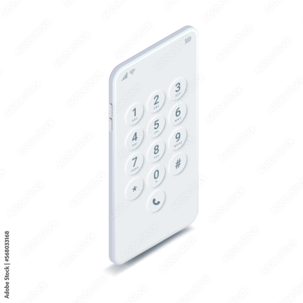 White isometric smartphone mock up. Dial screen on mobile phone. Realistic mobile screen keypad with numbers and letter template. Vector 3D touchscreen device keypad white interface mockup White isometric smartphone mock up. Dial screen on mobile phone. Realistic mobile screen keypad with numbers and letter template. Vector 3D touchscreen device keypad white interface mockup