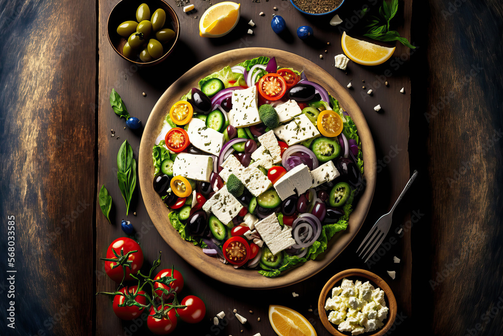 Traditional Greek salad with feta cheese, olives, and fresh veggies. wholesome food a wooden backdrop a top view. Generative AI
