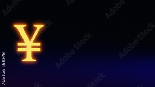Glowing yen sign on a dark blue background. Place for text. Dark banner with neon yellow bitcoin cryptocurrency sign. To create web design, banners.