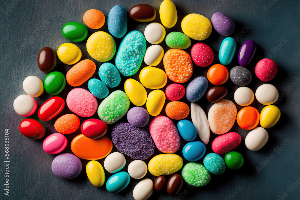 Jelly beans in various colors with sugar sprinkles. Background of rainbow candy with a sour flavor. a top view. Generative AI Jelly beans in various colors with sugar sprinkles. Background of rainbow candy with a sour flavor. a top view. Generative AI