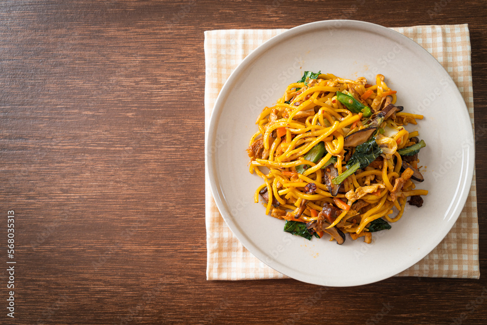 stir-fried yakisoba noodles with vegetable in vegan style stir-fried yakisoba noodles with vegetable in vegan style