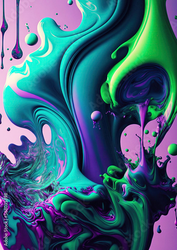 Liquid Paint Close Up Green and Purple - Generative AI