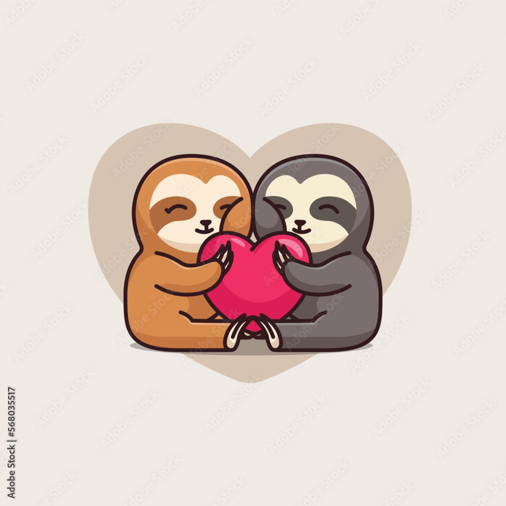 Fototapeta premium Cute couple rabbit huge love heart cartoon vector icon illustration animal isolated