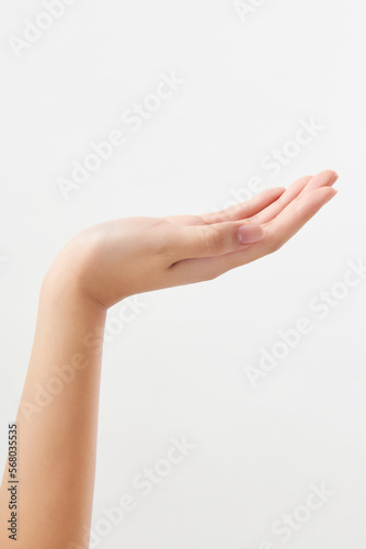 물건을 올릴 수 있는 손바닥을 표현한 여성의 손